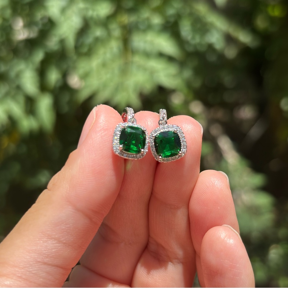 18K White Gold Plated Stainless Steel Emerald Green Diamond Dangling Earrings - Picture 2 of 7